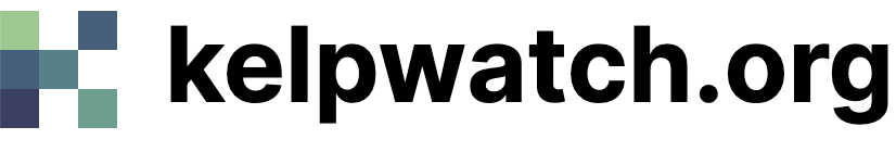 Kelpwatch.org logo includes as part of its brand look and feel the hex pattern featured in the map that communicates the presence or absence of kelp canopy.